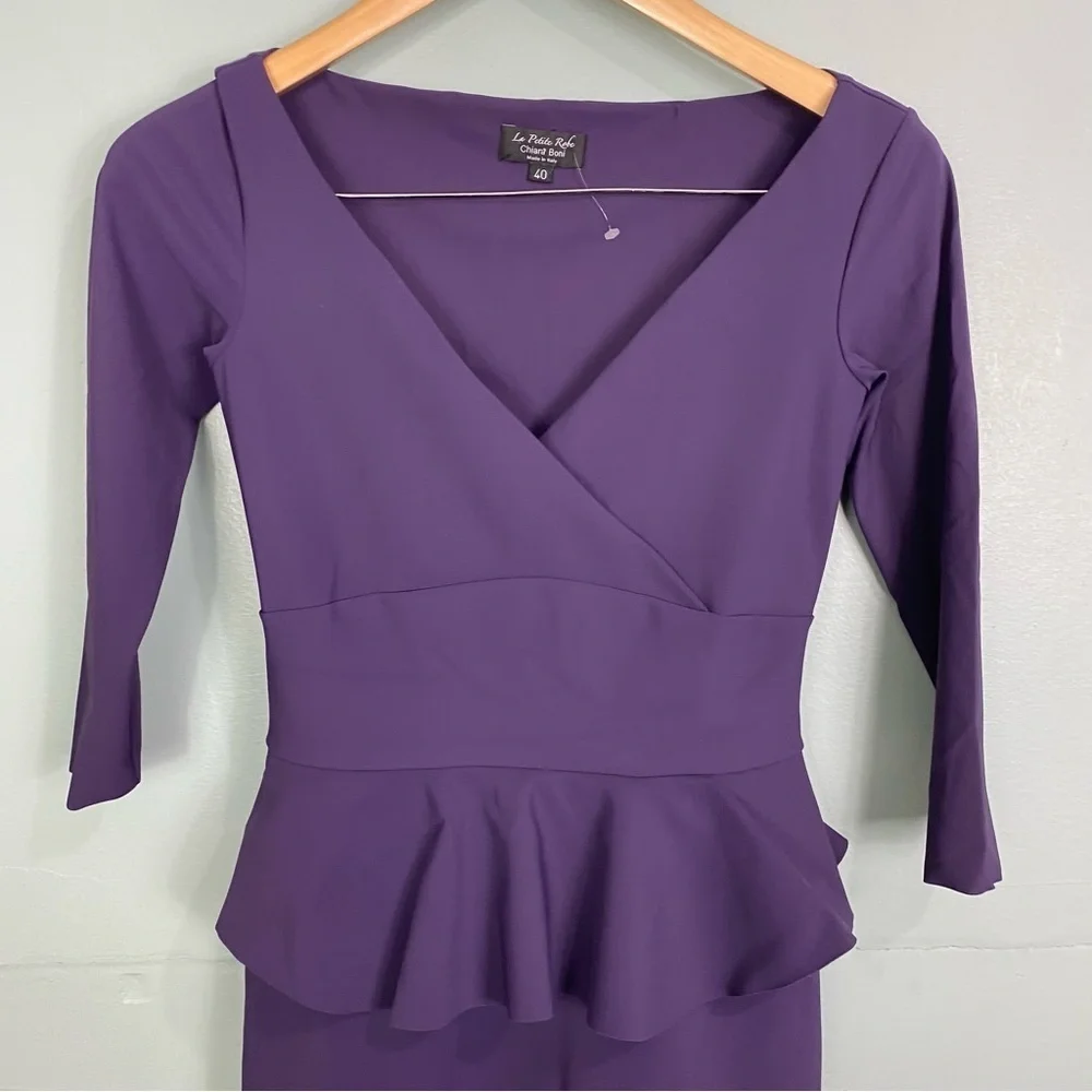 Chiara Boni Purple Peplum Bodycon Half Sleeve V Neck Dress Sheath Sz 40, US 2-4 - Picture 3 of 6